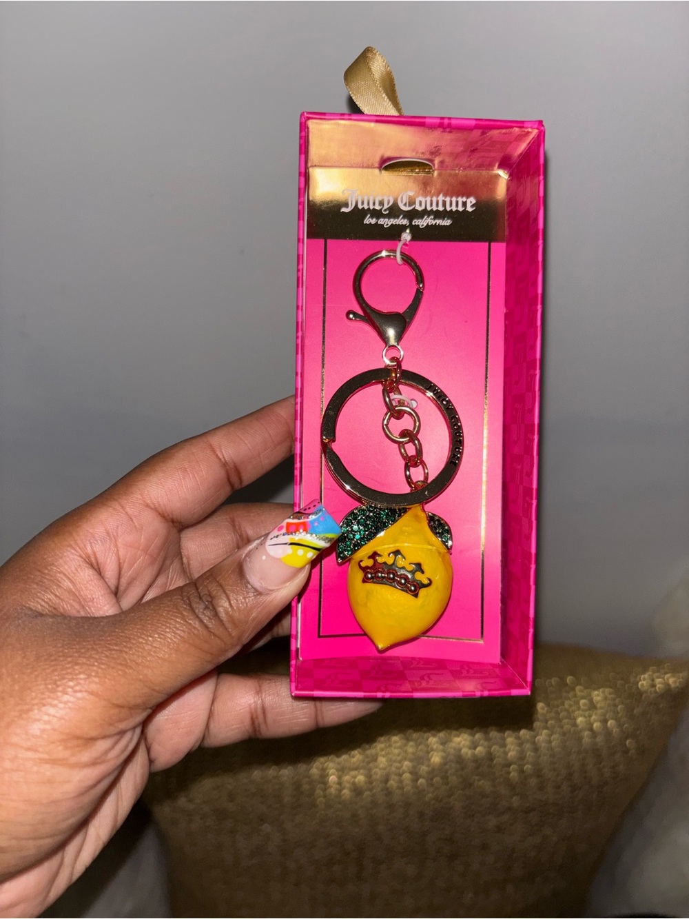 Juicy Couture Yellow Lemon Charm Keychain with Gold Hardware